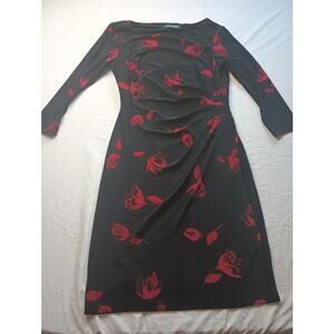 Lauren Ralph Lauren Jersey Dress Black Red Floral Women Size 6 Festive Holiday